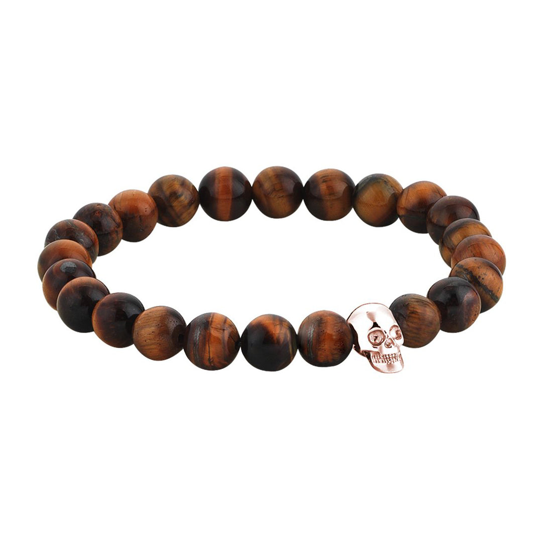 Mens Exclusive Skull Beaded Bracelet - Rose Gold - Tiger Eye