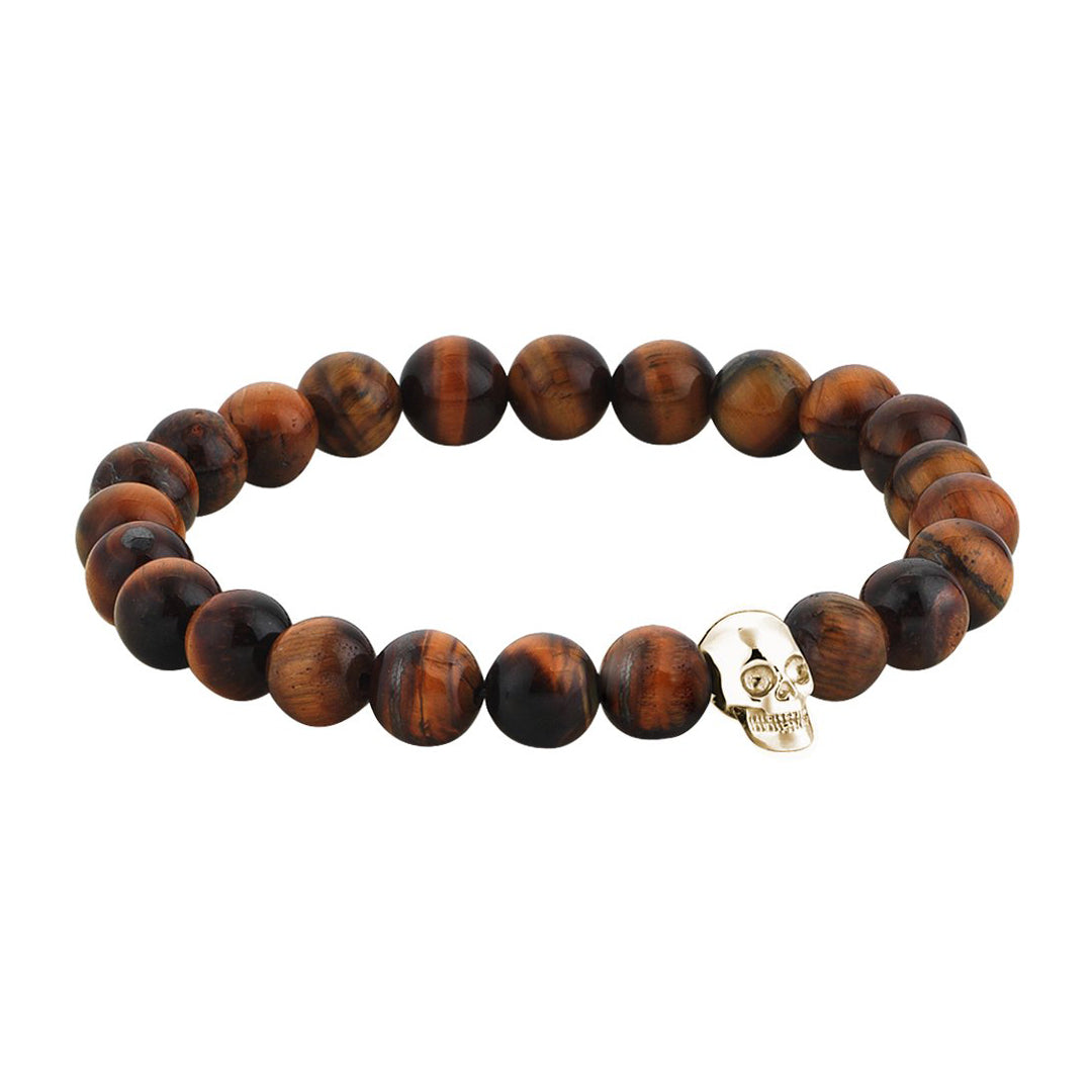 Mens Exclusive Skull Beaded Bracelet - Yellow Gold - Tiger Eye
