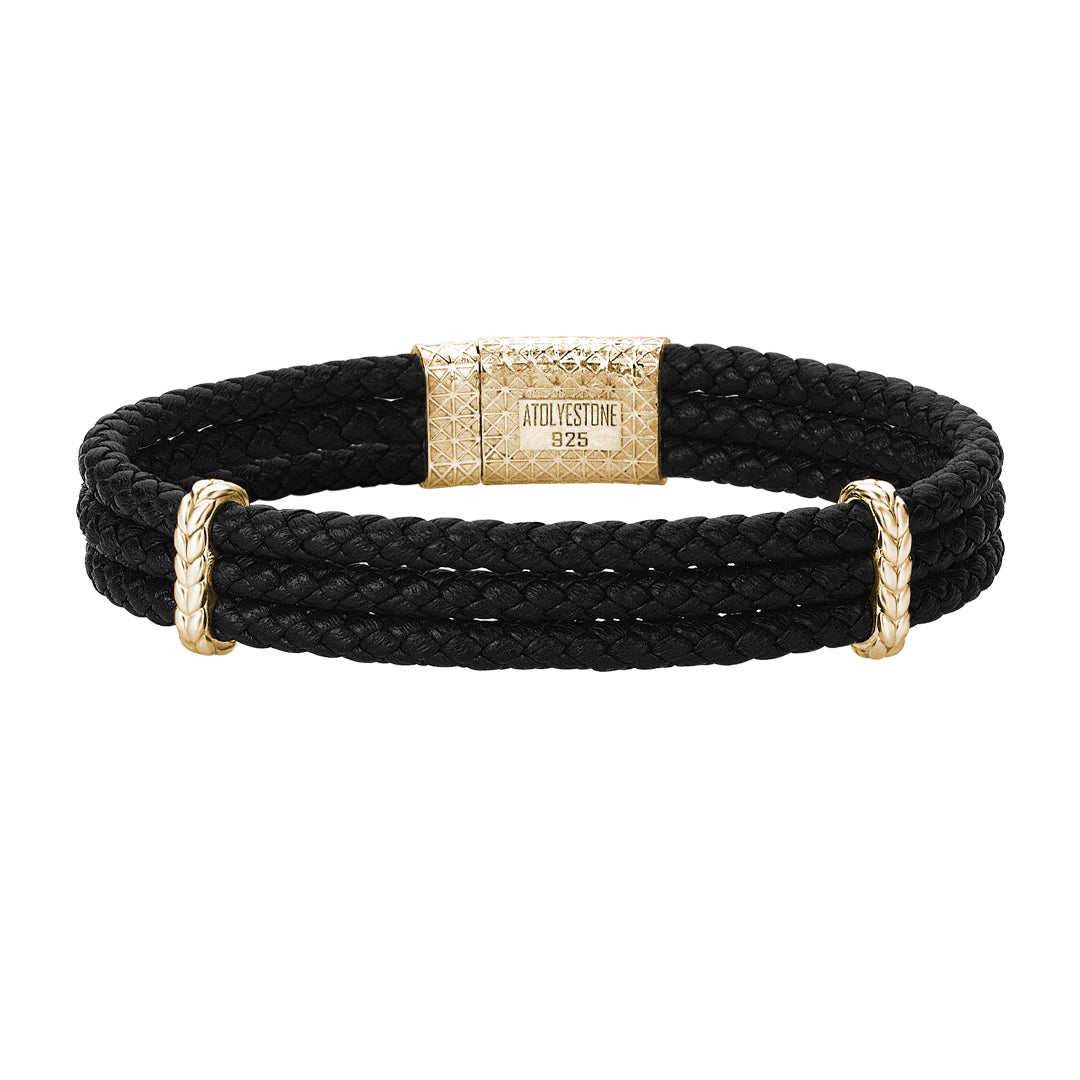 Men's Elements Triple Black Nappa Leather Bracelet in Yellow Gold Vermeil Silver