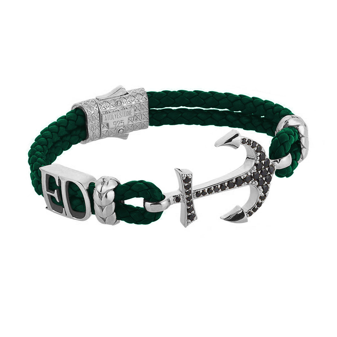 Women’s Statements Anchor Leather Bracelet - SIlver - Dark Green Leather