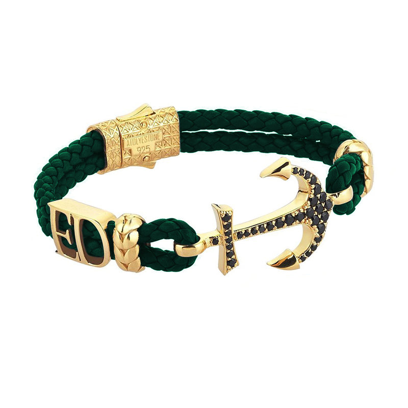 Women’s Personalized Anchor Leather Bracelet - Yellow Gold - Dark Green Leather