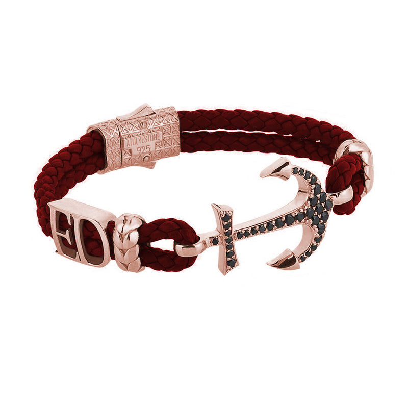 Women’s Personalised Anchor Leather Bracelet - Rose Gold - Dark Red Leather
