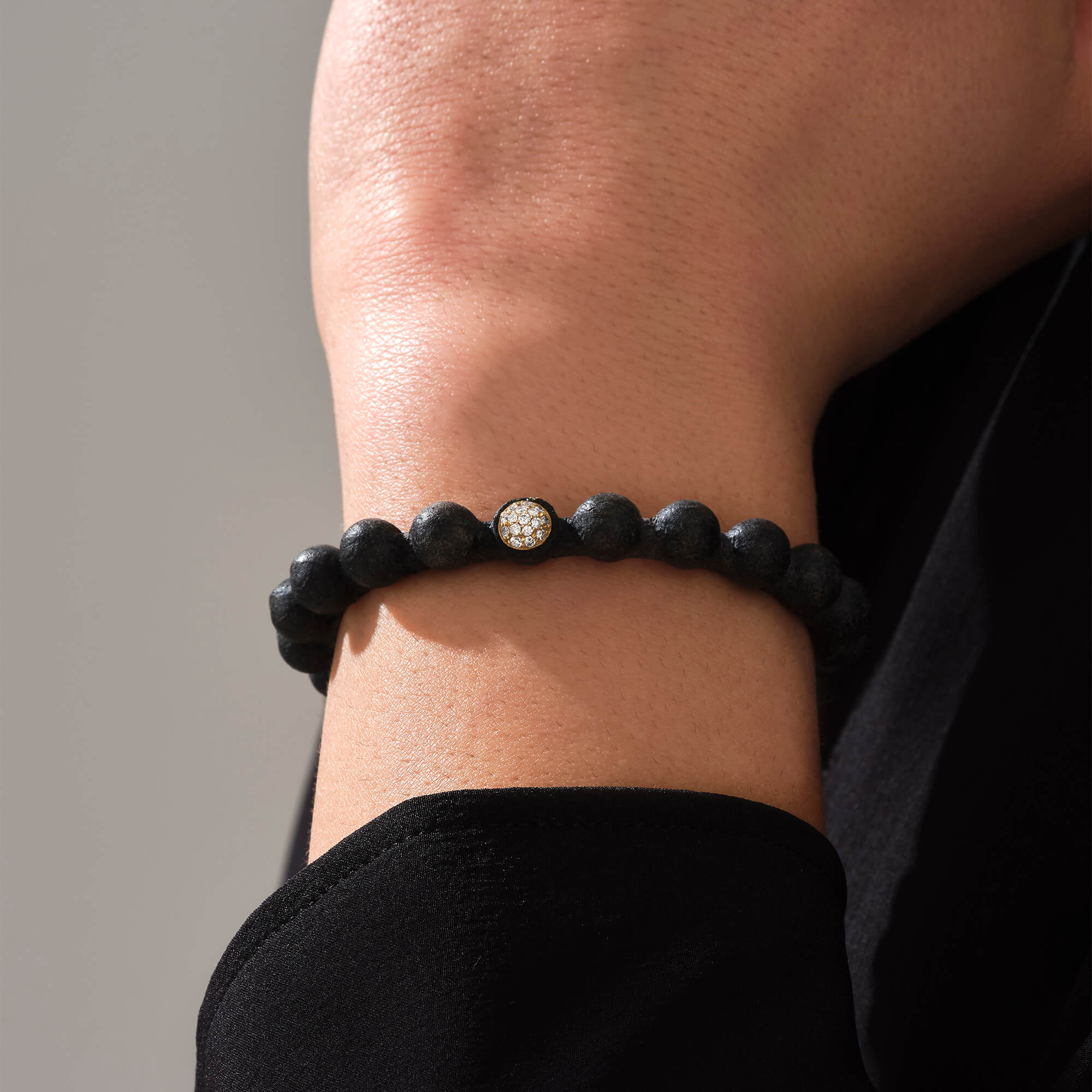 White Diamond Leather Ball Bracelet in Gold