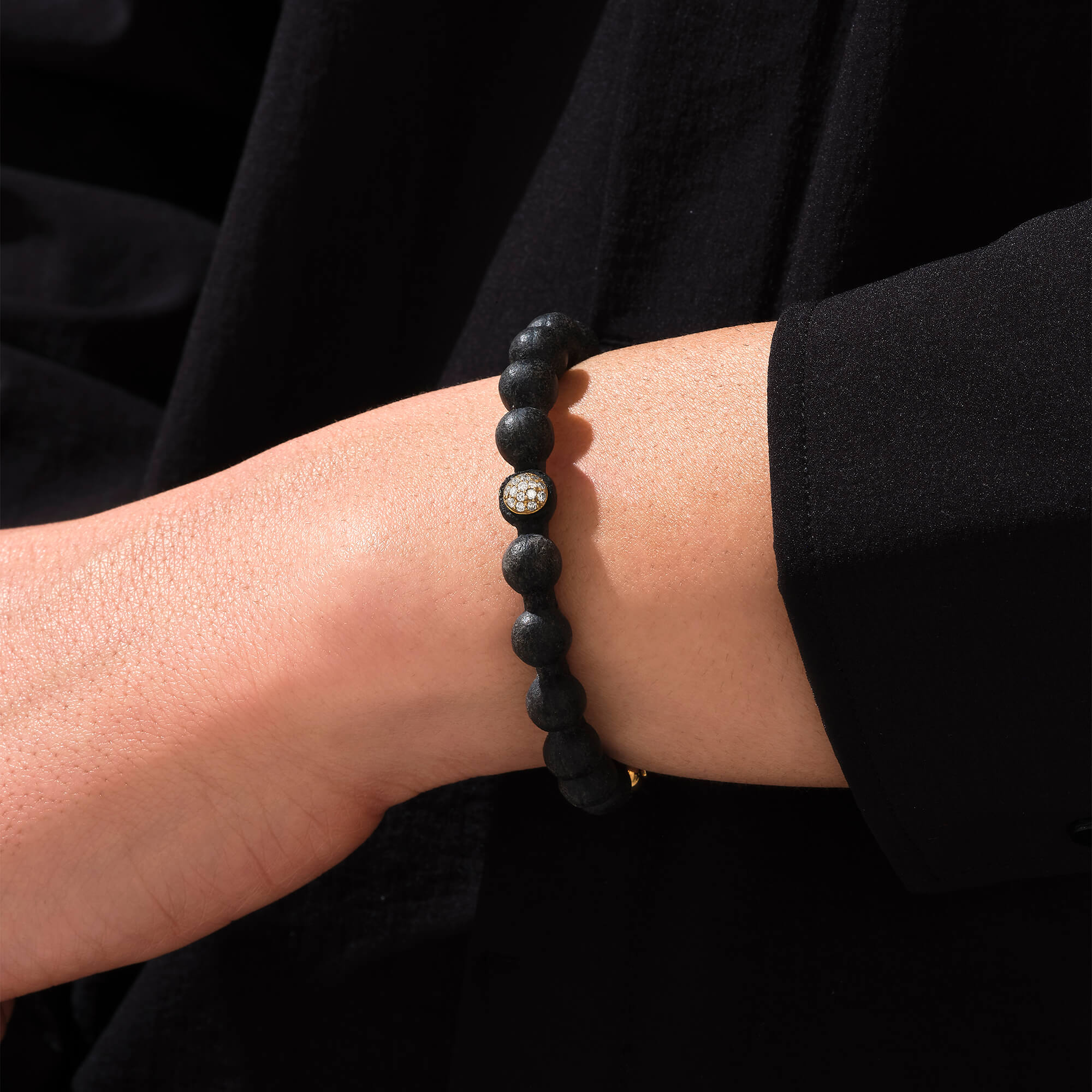 White Diamond Leather Ball Bracelet in Gold