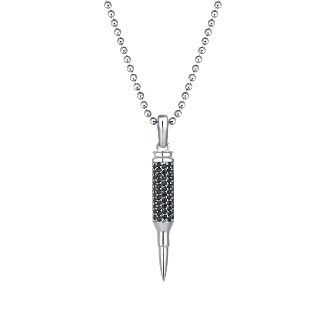 Men's 925 Solid Silver Bullet Pendant Paved with Black Diamonds