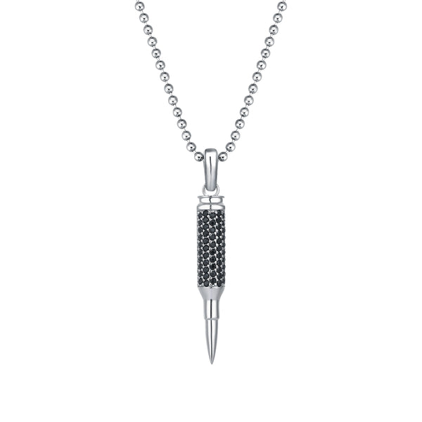 Men's 925 Solid Silver Bullet Pendant Paved with Black Diamonds
