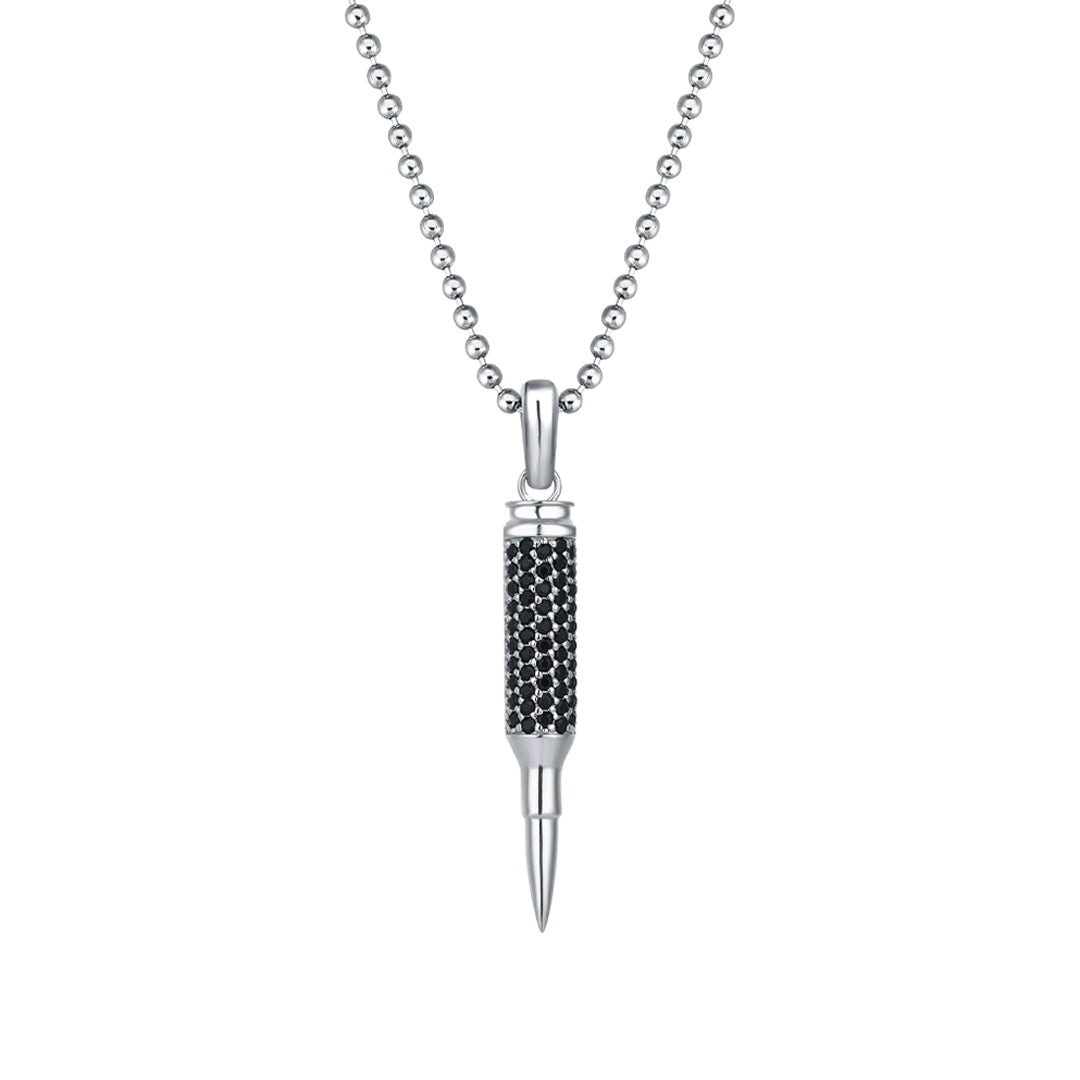 Men's Real White Gold Bullet Pendant Paved with Black CZ