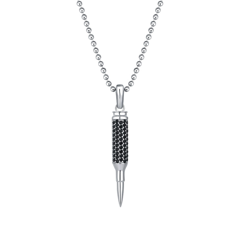 Men's Solid Silver Bullet Pendant Paved with Black CZ