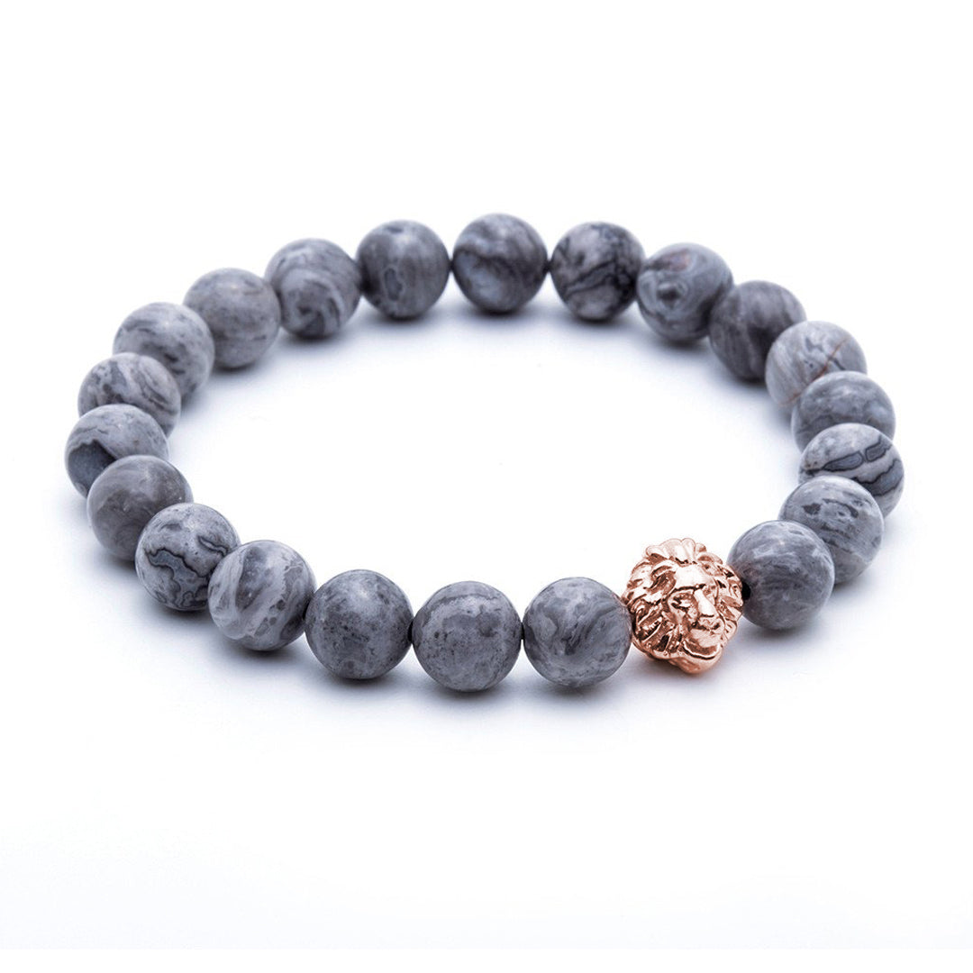 Mens Leo Jasper Beaded Bracelets - Rose Gold - Grey Jasper