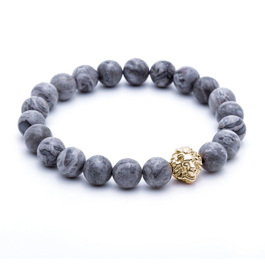 Mens Leo Jasper Beaded Bracelets - Yellow Gold - Grey Jasper
