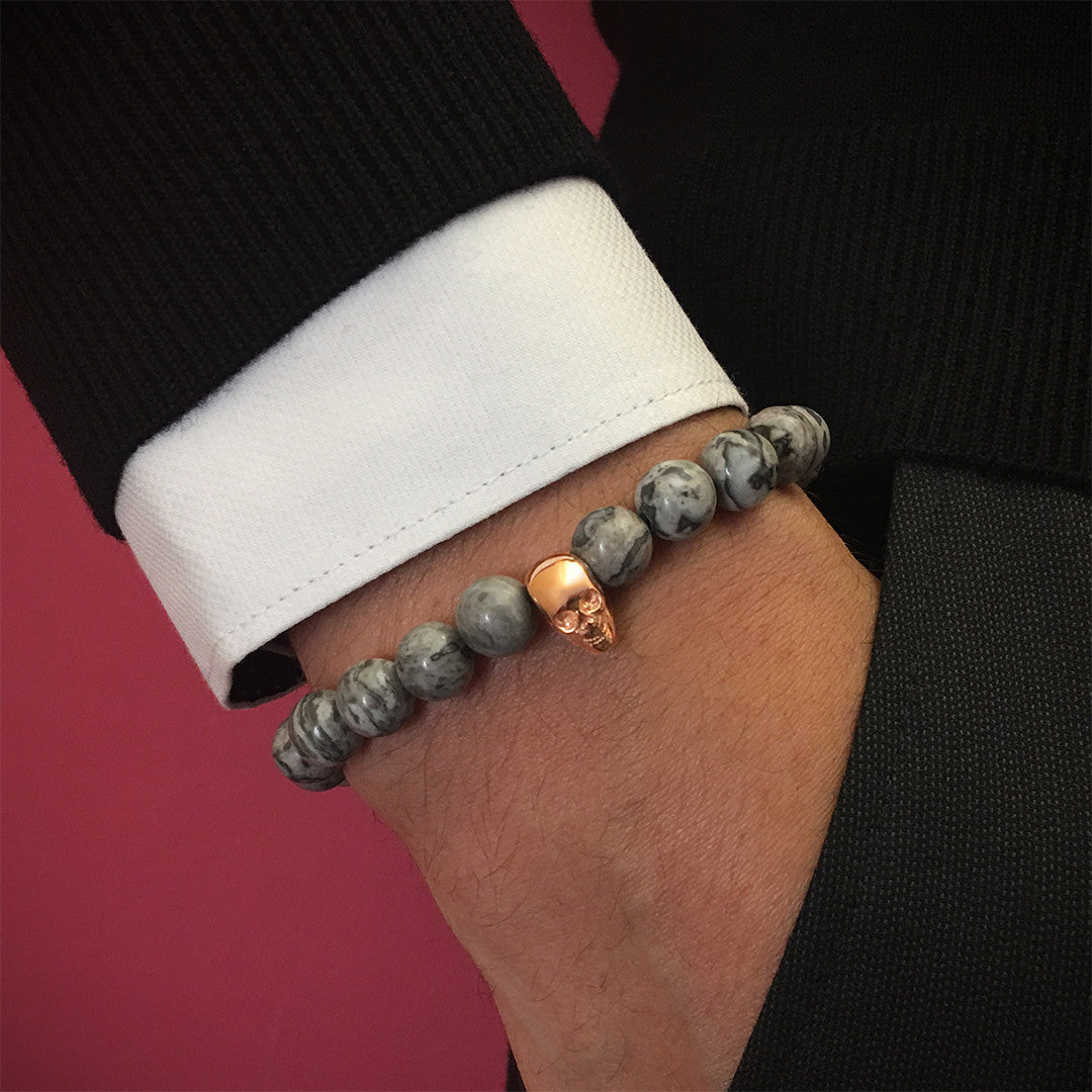 Skull Beaded Bracelet - Rose Gold - Grey Jasper