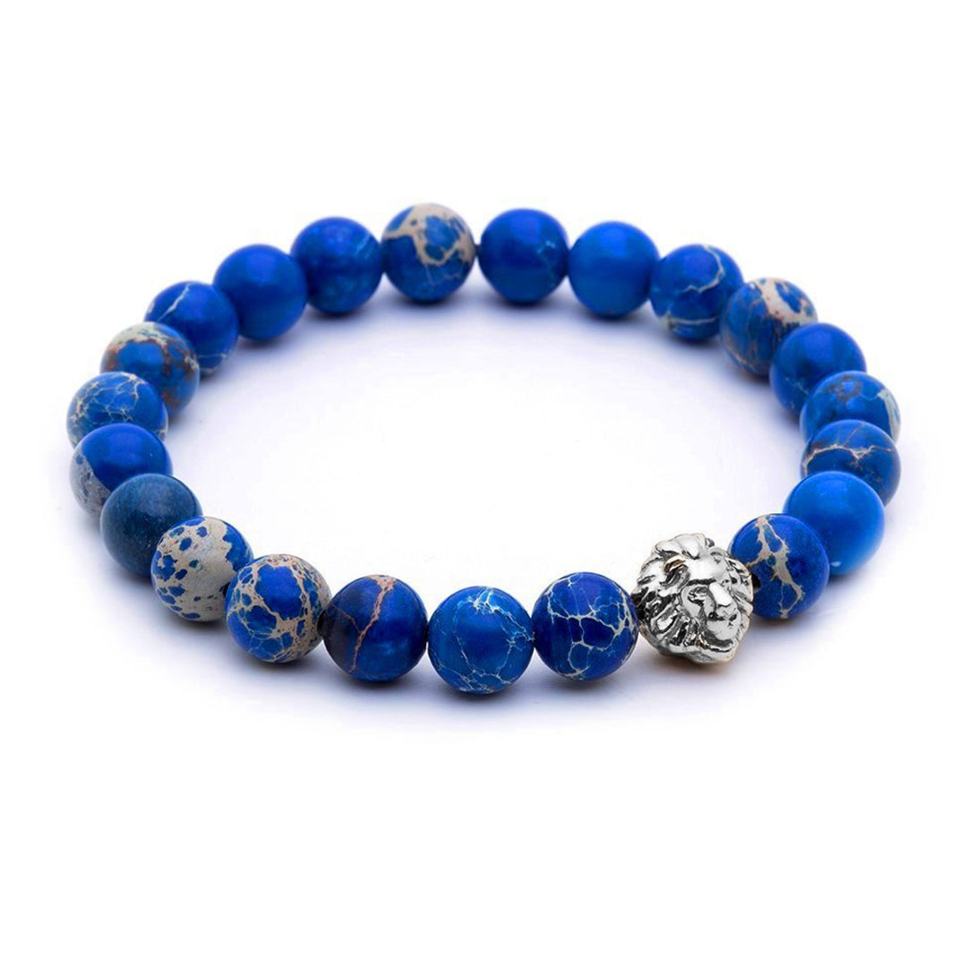 Mens Leo Jasper Beaded Bracelets - Silver - Blue Jasper