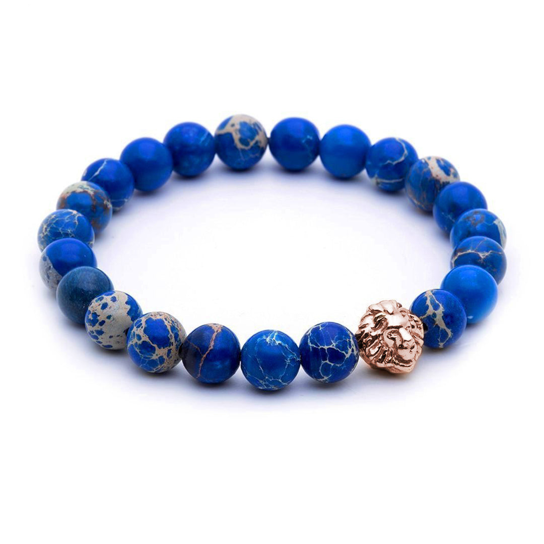 Mens Leo Jasper Beaded Bracelets - Rose Gold - Blue Jasper