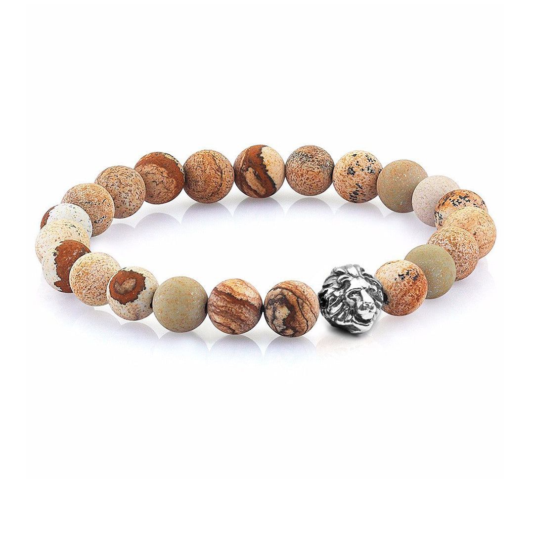 Mens Leo Jasper Beaded Bracelets - Oxidised Silver - Brown Jasper