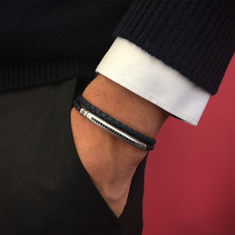 Mens Signature Leather Wrap Bracelet - Solid Silver - Navy Leather