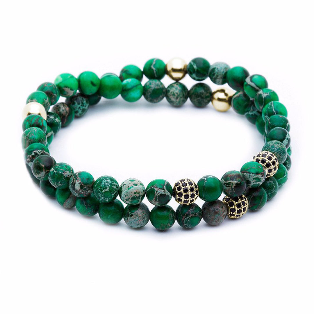 Mens Double Jasper Beaded Bracelets - Green Jasper - Yellow Gold