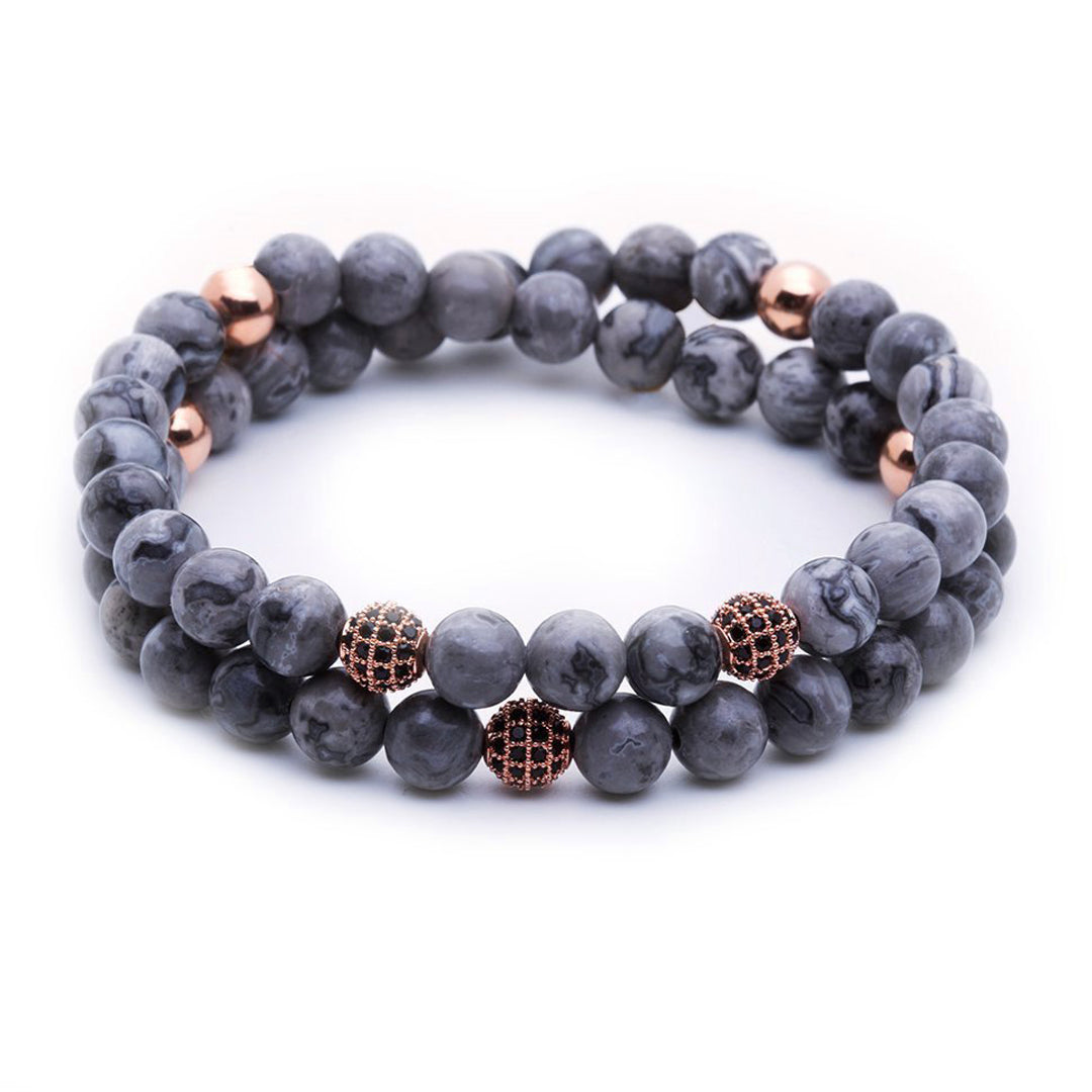 Mens Double Jasper Beaded Bracelets - Grey Jasper - Rose Gold