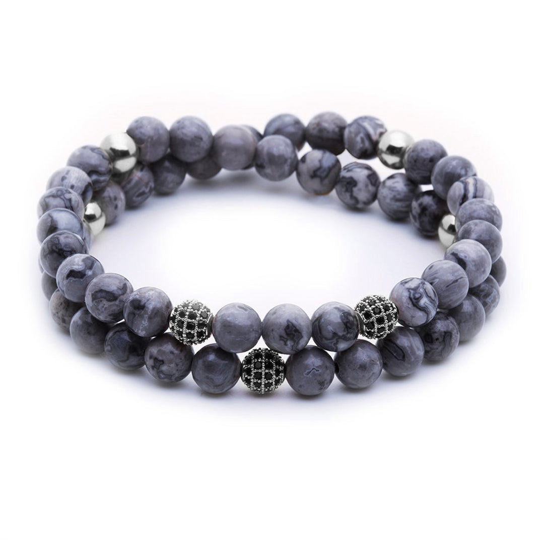 Mens Double Jasper Beaded Bracelets - Grey Jasper