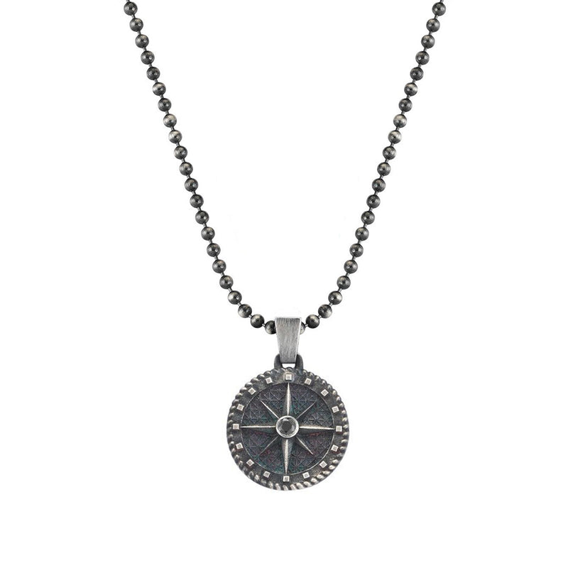 Mens Compass Necklace with Black Daimond 