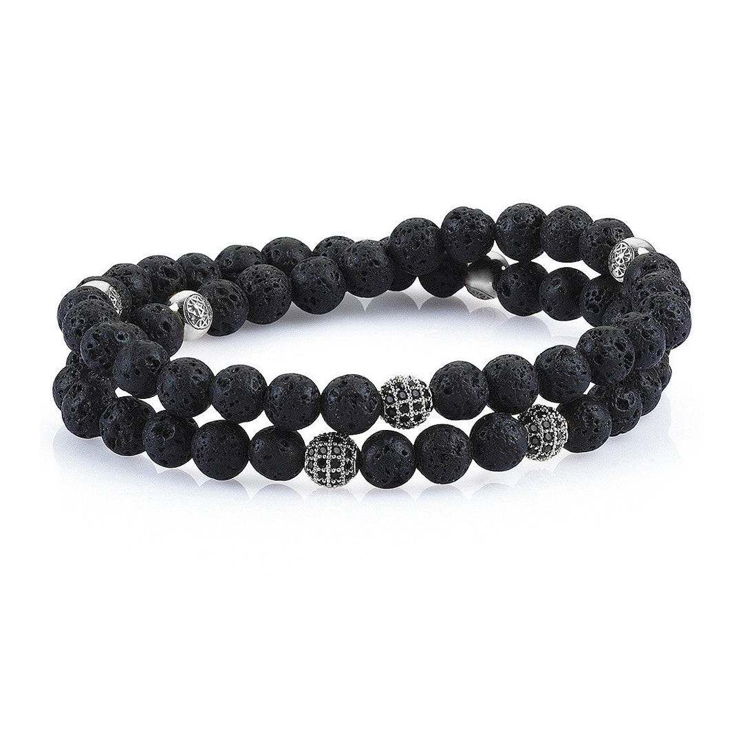 Mens Double Beaded Bracelets - Lavastone - Silver