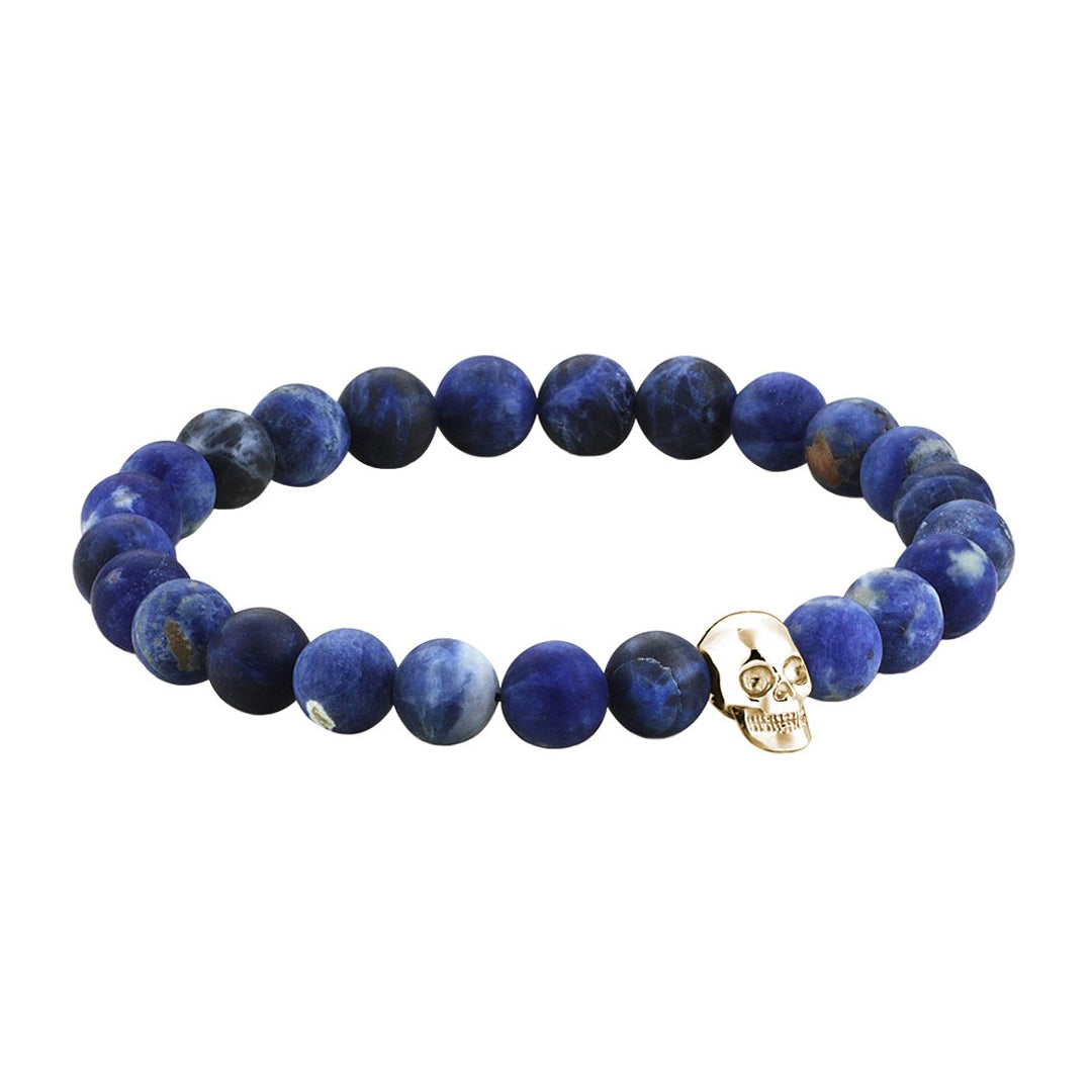Mens Exclusive Skull Beaded Bracelet - Yellow Gold - Sodalite