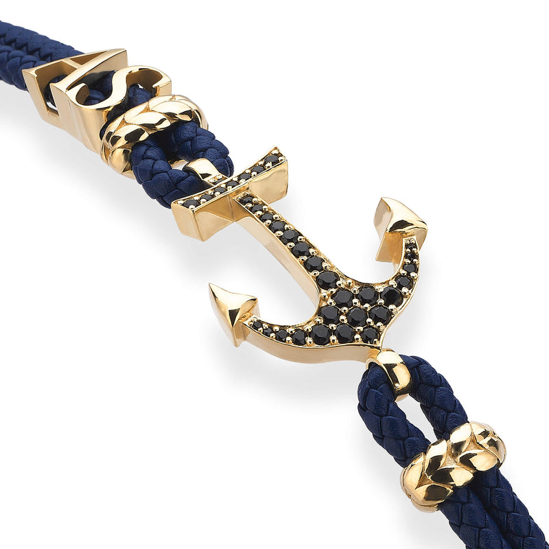 Statement Anchor Leather Bracelet in Solid Yellow Gold
