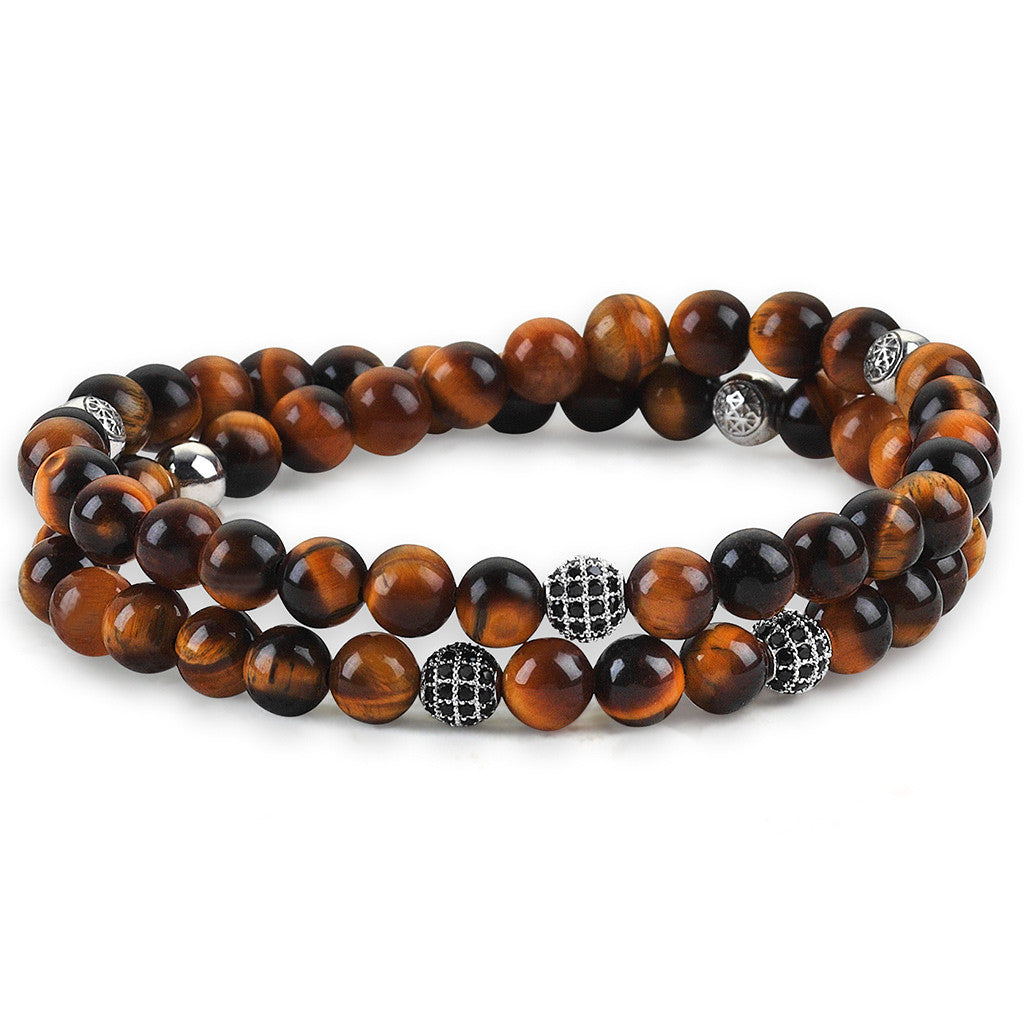 Women's Double Beaded Bracelets - Tiger Eye - Silver