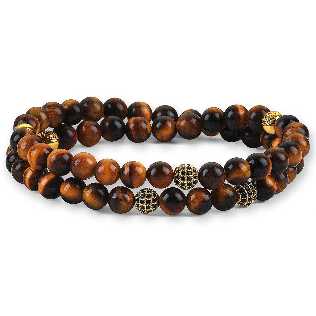 Women's Double Beaded Bracelets - Tiger Eye - Yellow Gold