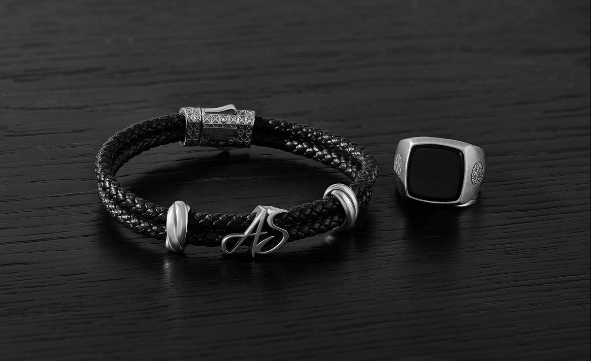 Atolyestone Personalized Leather Bracelet and Prime Silver Ring
