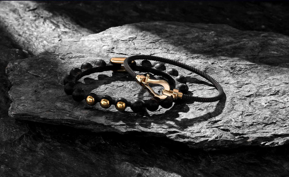 Black Leather and Yellow Gold Bracelets