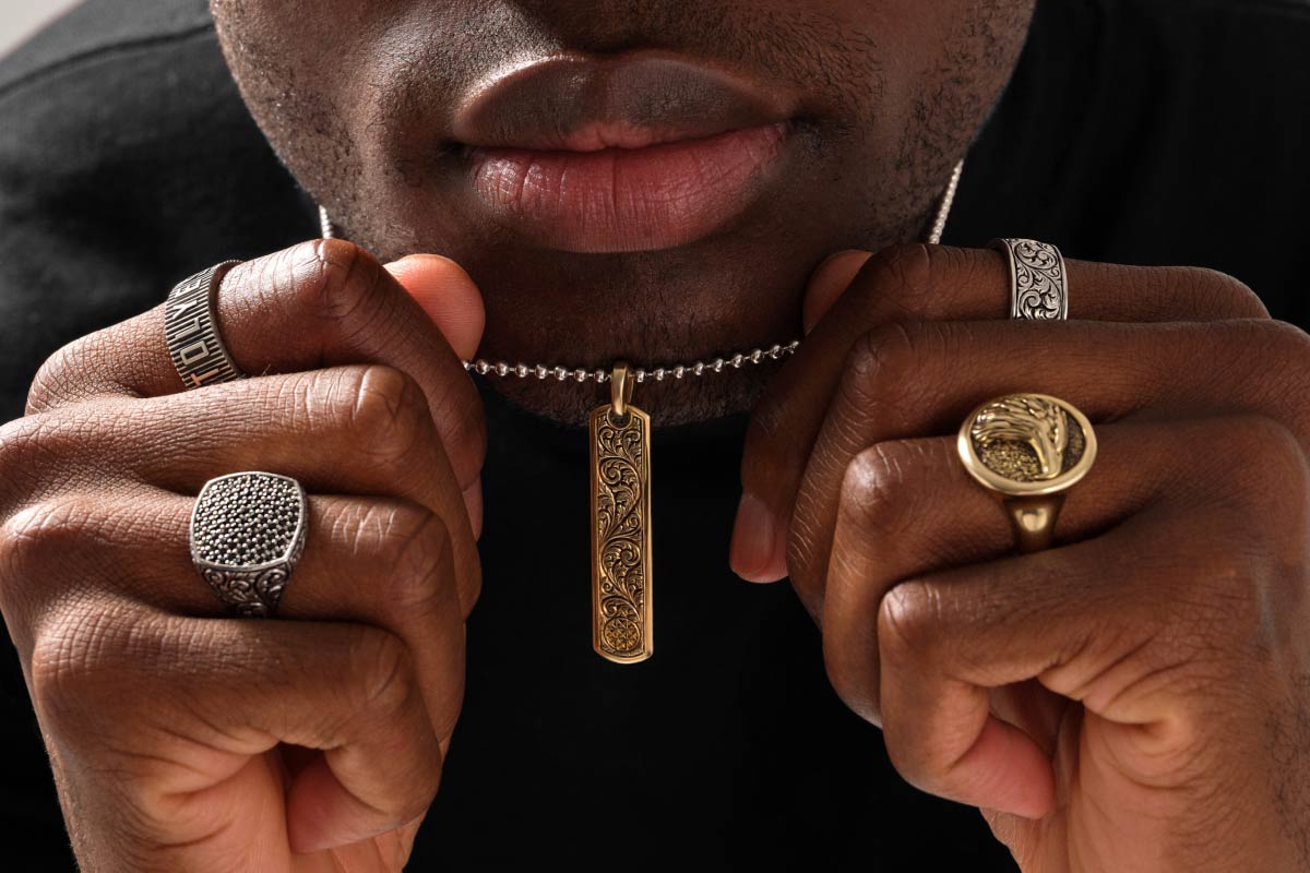 Bronze Skin Model with Atolyestone Solid Yellow Gold Bracelets and Rings