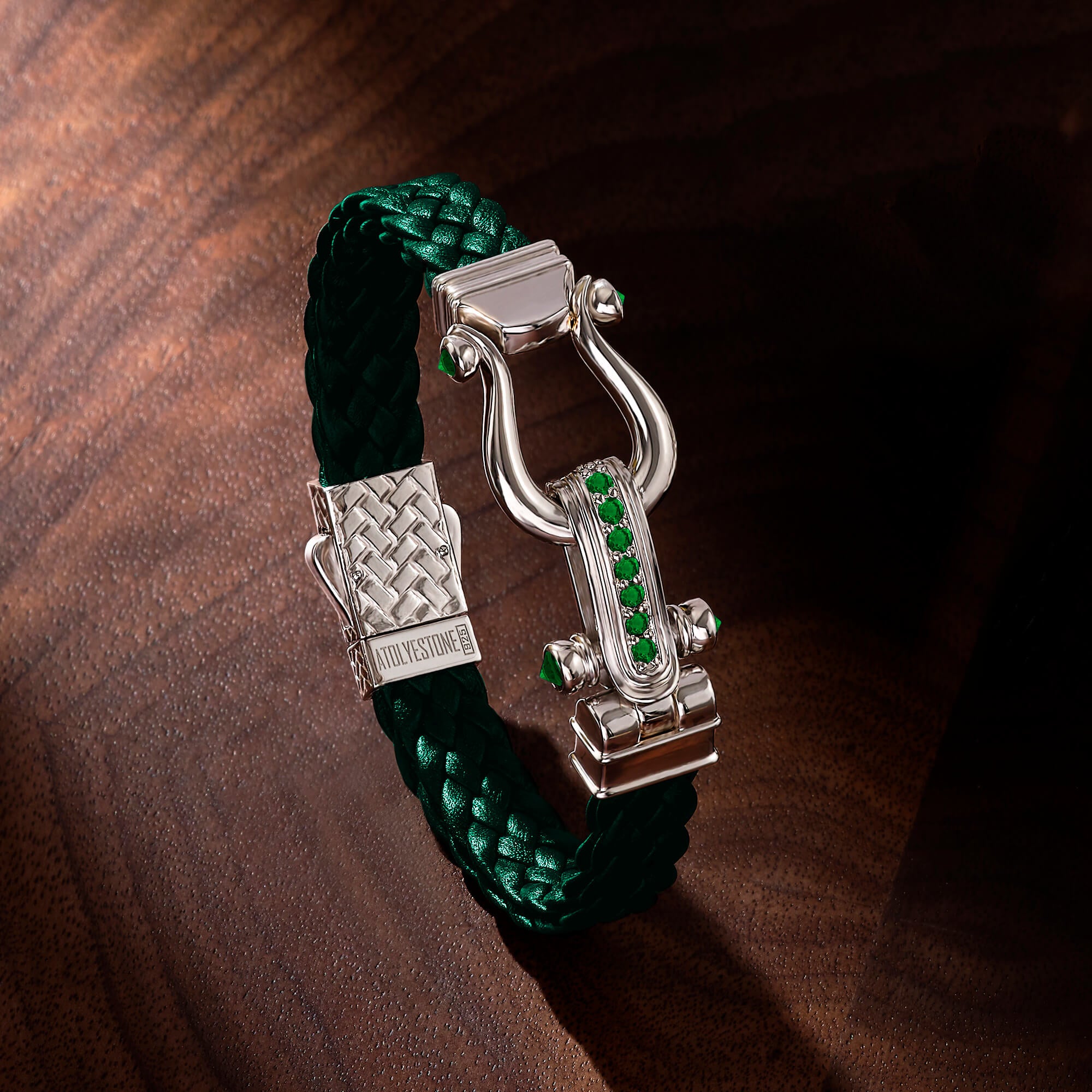 Men's Iconic Emerald Pave Green Woven Leather Bracelet - Atolyestone