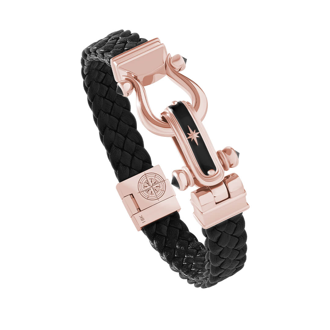 Atolyestone Iconic North Star Leather Bracelet in Solid Gold - Black Leather Rose Gold