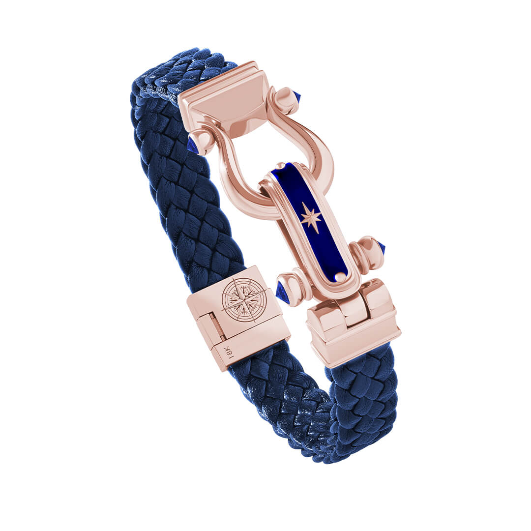 Atolyestone Iconic North Star Leather Bracelet in Solid Gold - Blue Leather Rose Gold