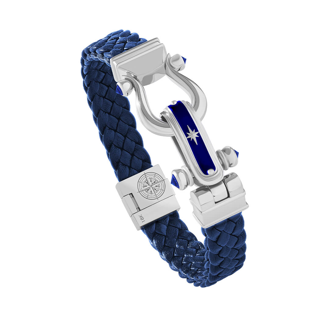 Atolyestone Iconic North Star Leather Bracelet in Solid Gold - Blue Leather White Gold