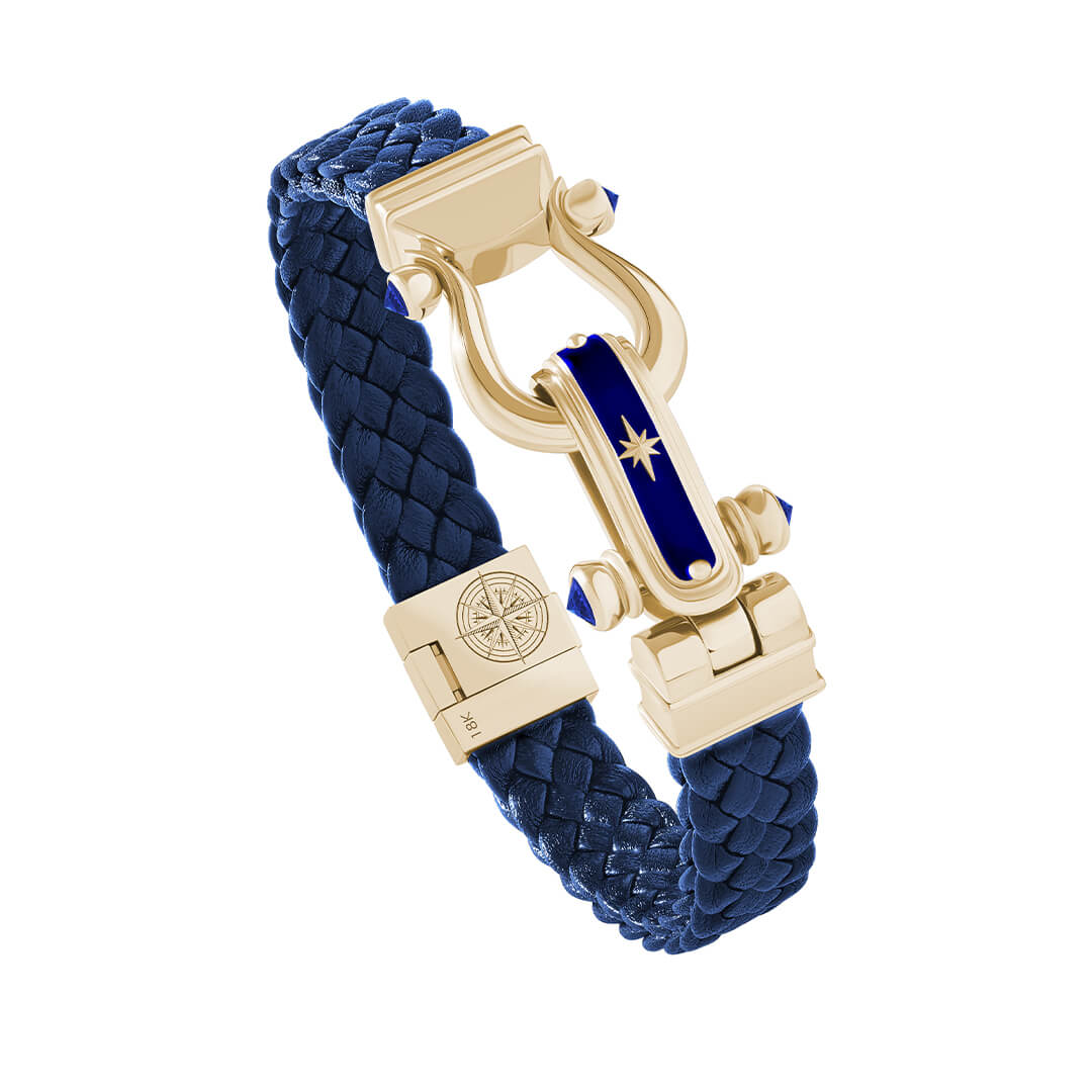 Atolyestone Solid Gold Iconic North Star Leather Bracelet - Blue Leather Yellow Gold