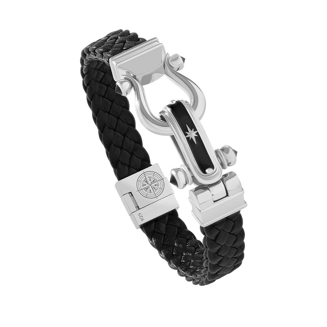 Atolyestone Iconic North Star Leather Bracelet in 925 Solid Silver - Black Leather Silver