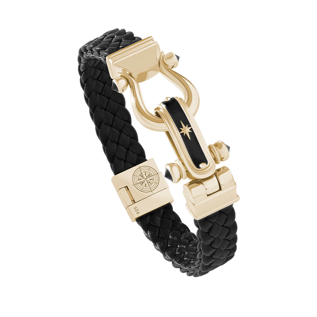 Atolyestone Iconic North Star Leather Bracelet in 925 Solid Silver - Black Leather Yellow Gold