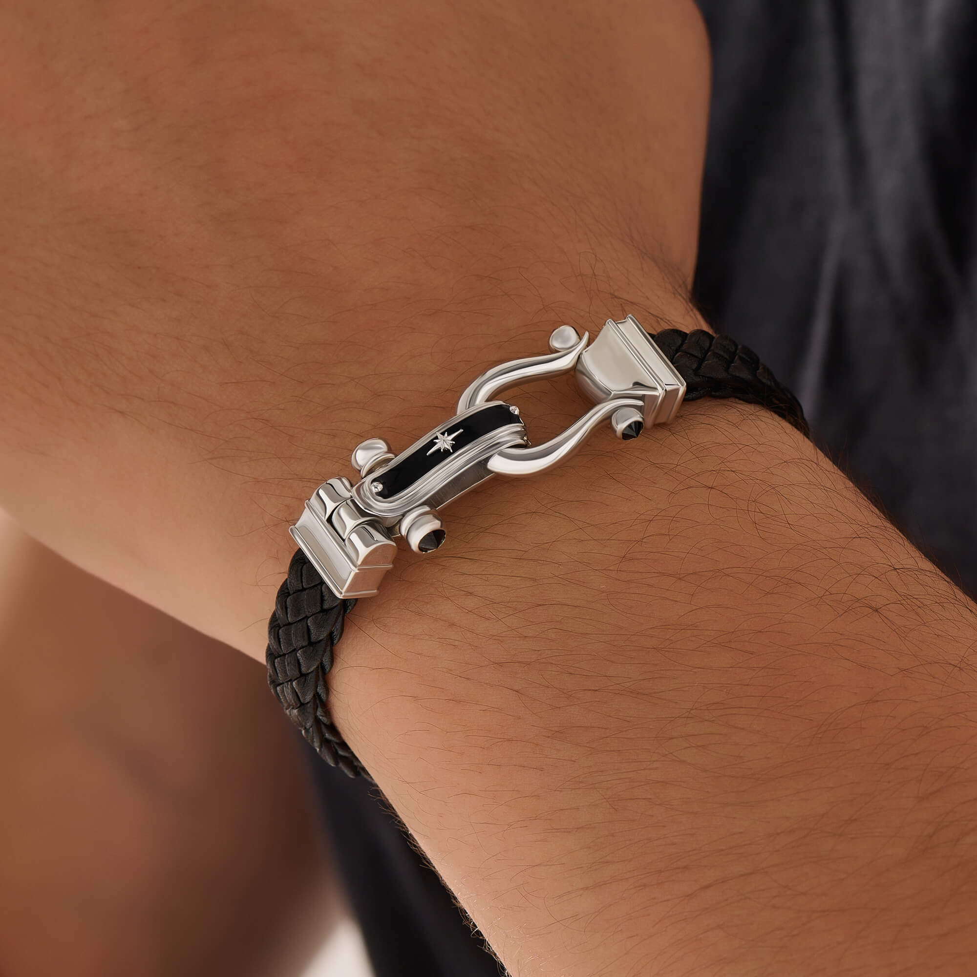 Atolyestone Men's Iconic North Star Leather Bracelet in 925 Solid Silver