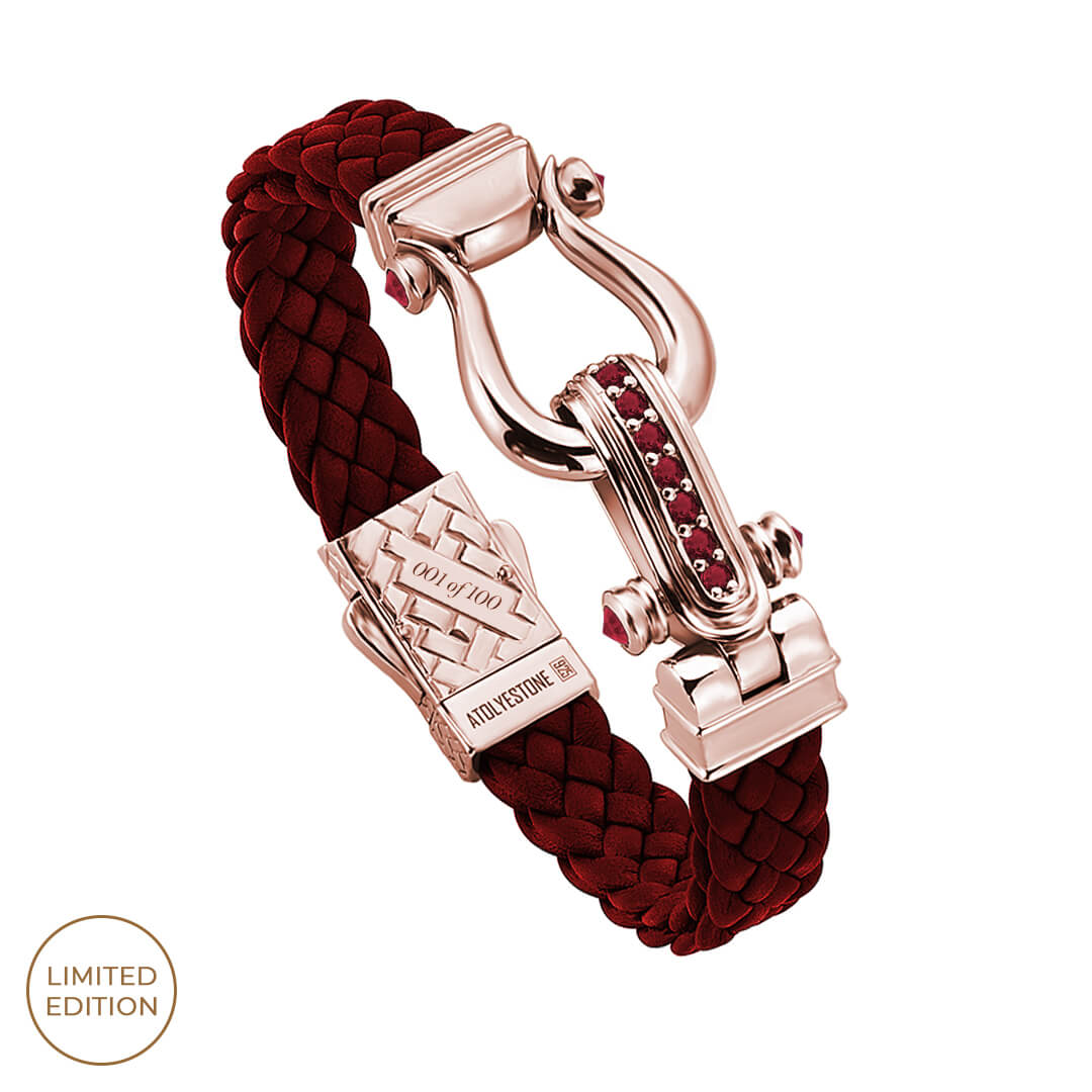 Men's Iconic 1.09ct Ruby Pave Red Woven Leather Bracelet - Atolyestone