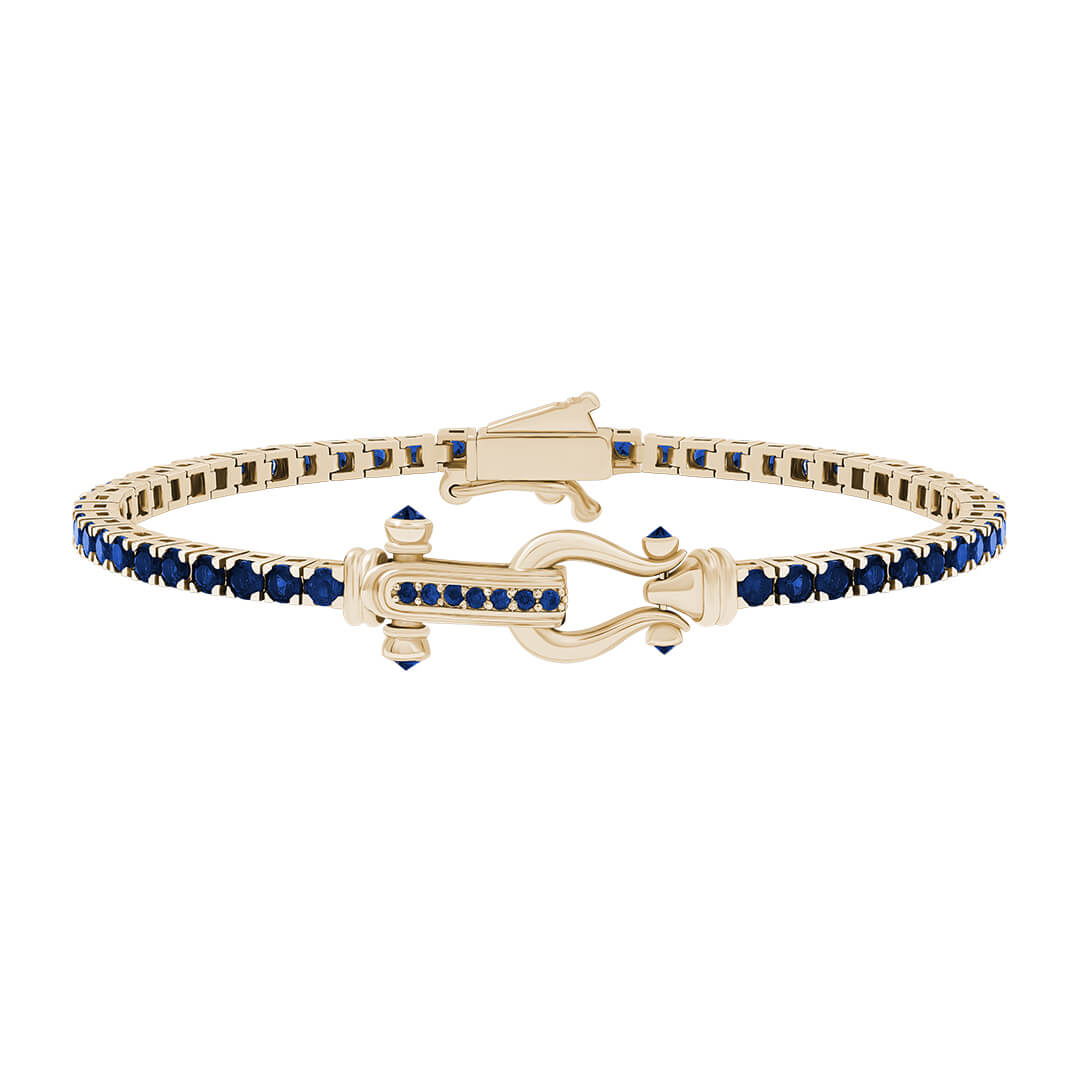 Atolyestone Iconic Tennis Bracelet in Real Yellow Gold with Blue Cubic Zirconia
