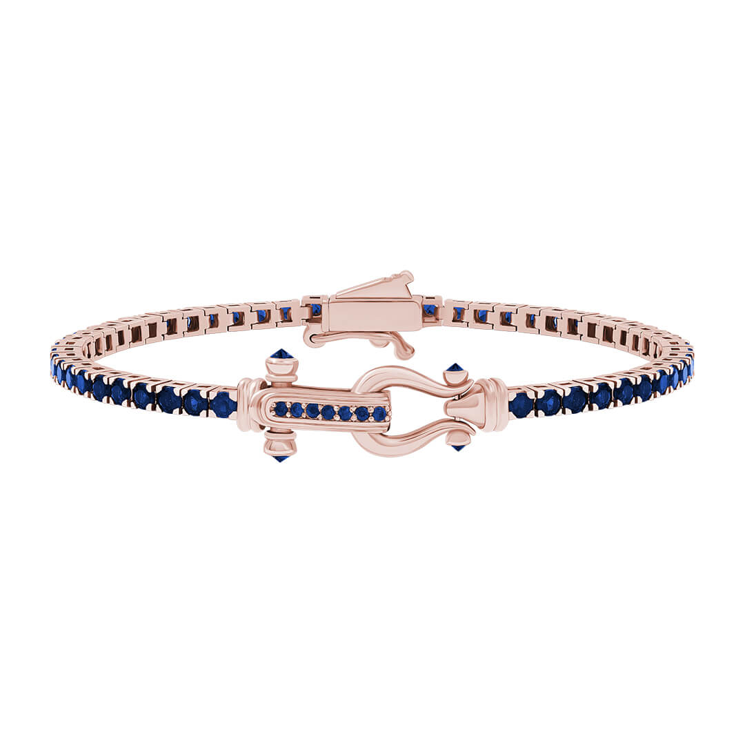 Atolyestone Iconic Tennis Bracelet in Real Rose Gold with Blue Cubic Zirconia
