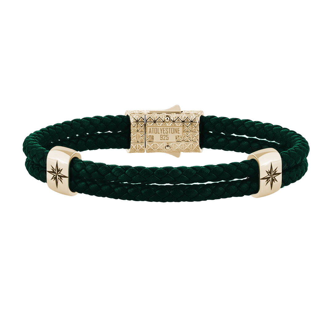 Atolyestone North Star Elements 925 Solid Silver - Dark Green Leather Yellow Gold