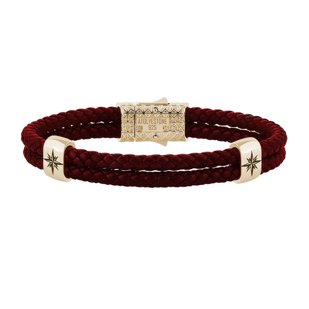 Atolyestone North Star Elements 925 Solid Silver - Dark Red Leather Yellow Gold
