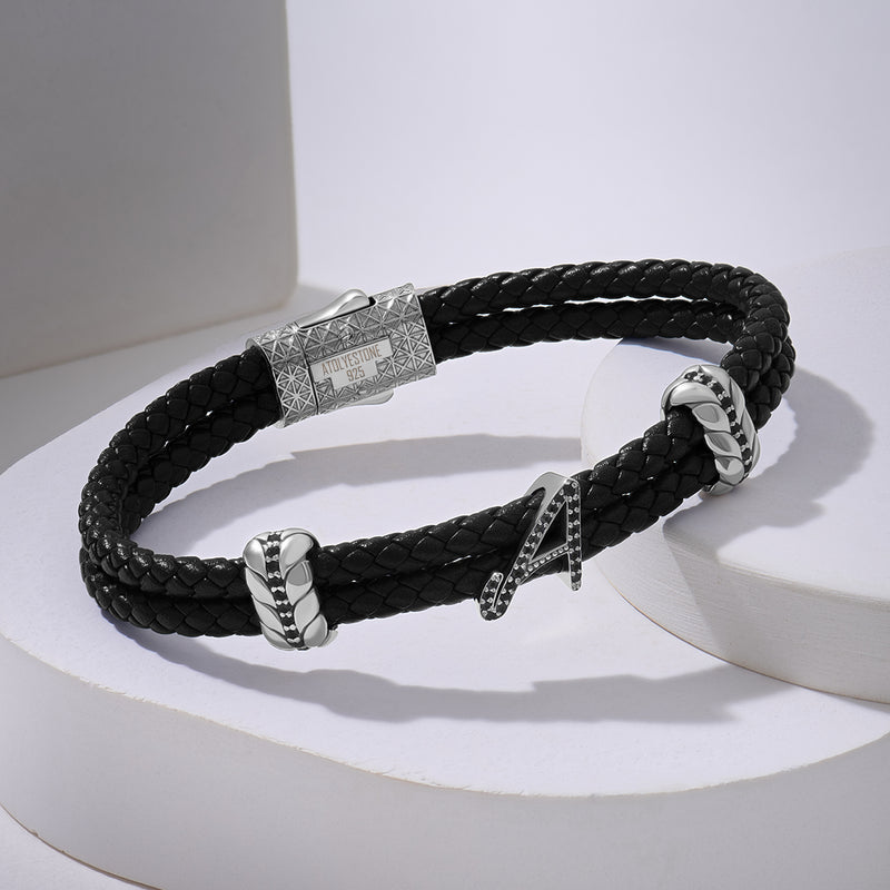 Atolyestone Braided Leather Bracelet with Pave Italic Letters