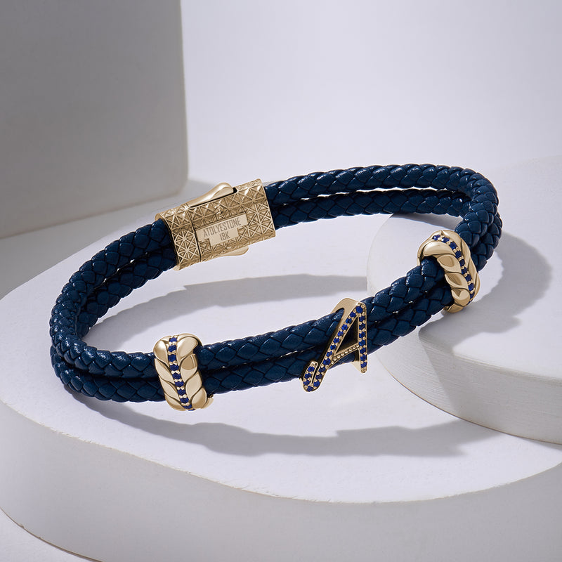 Solid Gold Leather Bracelet with Pave Italic Letters Blue Nappa