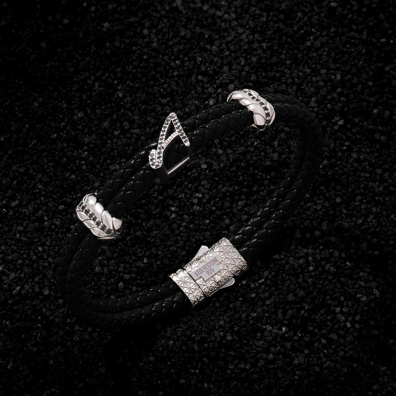 Men's Braided Leather Bracelet with Pave Italic Letters - Atolyestone