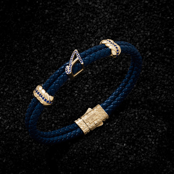 Atolyestone Leather Bracelet with Pave Italic Solid Gold Letters Blue Nappa