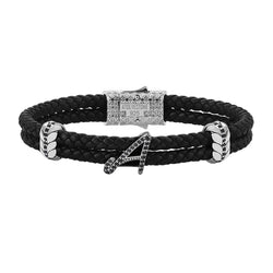 Men's Braided Leather Bracelet with Pave Italic Letters Black - Atolyestone