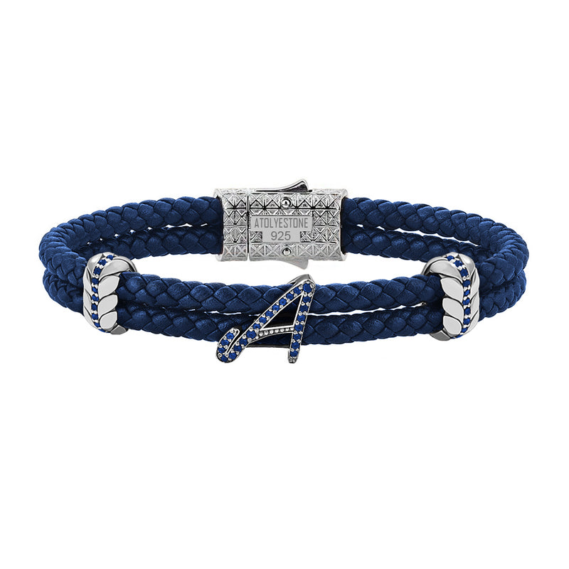 Atolyestone Men's Braided Leather Bracelet with Pave Italic Letters Blue Nappa